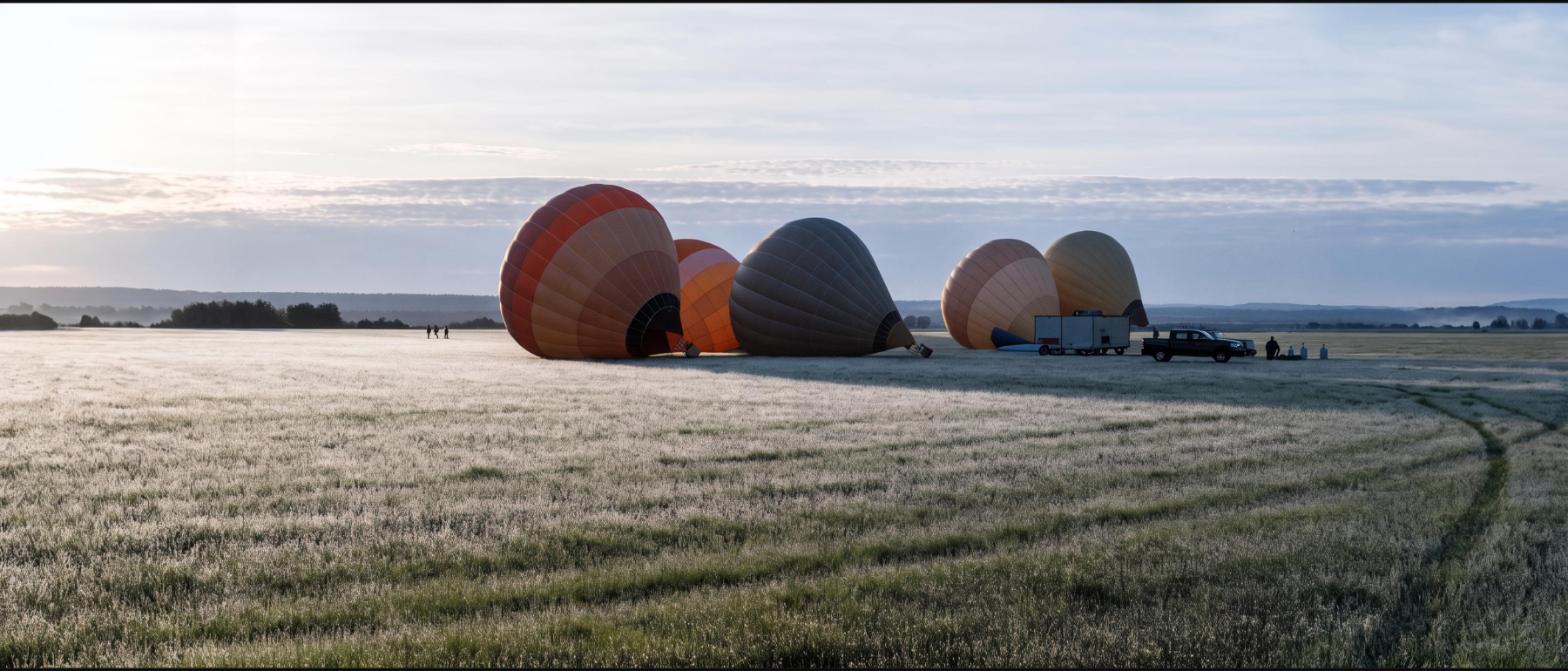 Hot air balloons partly inflated on a dewy field at dawn with crew vehicles nearby