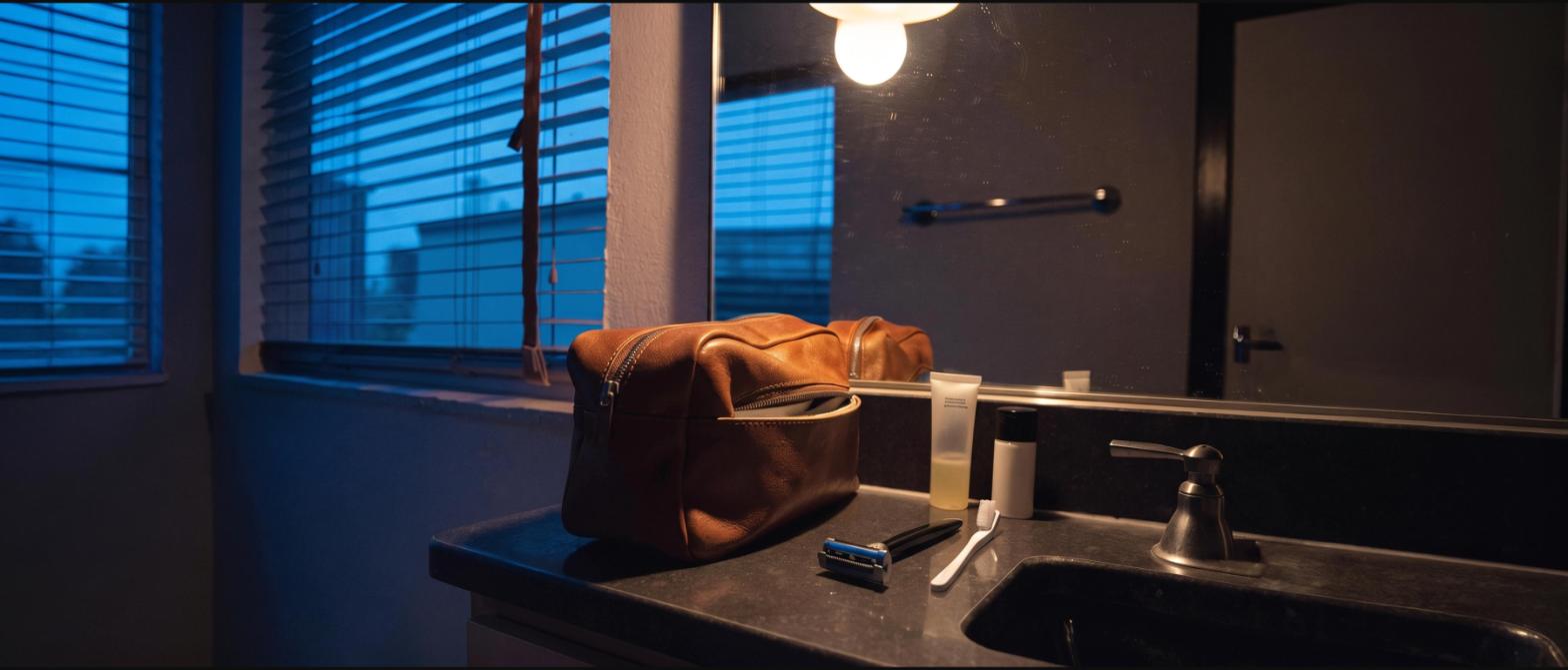 A brown leather toiletry bag open on a motel bathroom counter in pre-dawn light