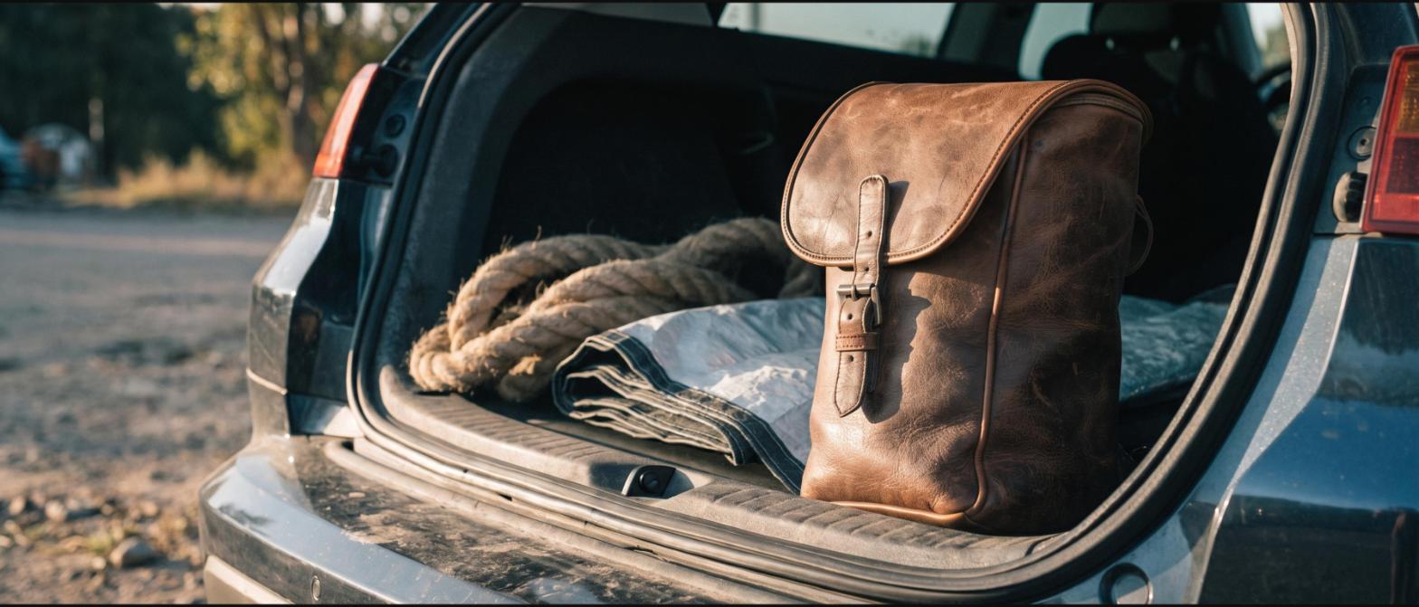 A worn brown leather wash bag in the open boot of a chase vehicle beside coiled rope and a folded tarp